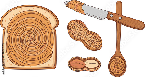Peanut butter spread on bread with knife peanuts and spoon breakfast food vector illustration set isolated