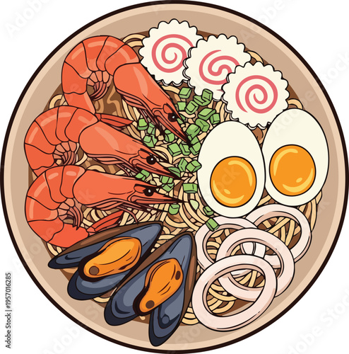 Delicious Seafood Ramen Bowl with Noodles and Eggs.