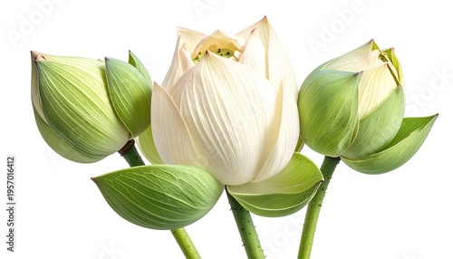 Three white lotus flowers and buds on a white background.
