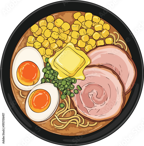 Delicious Ramen Bowl with Pork and Egg Toppings.