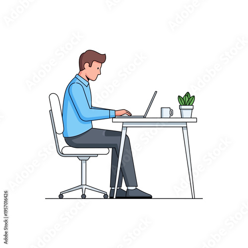 Man Working on Laptop at Desk with Plant and Coffee