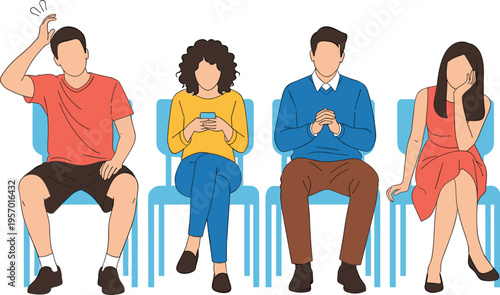 People sitting in waiting room using phones and showing emotions bored anxious and stressed cartoon vector illustration