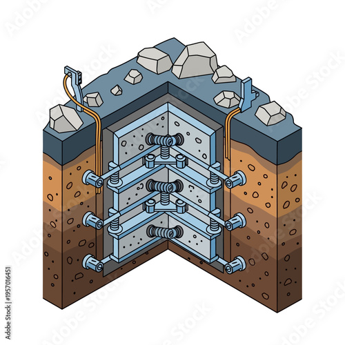 Cutaway view of a reinforced concrete foundation system.