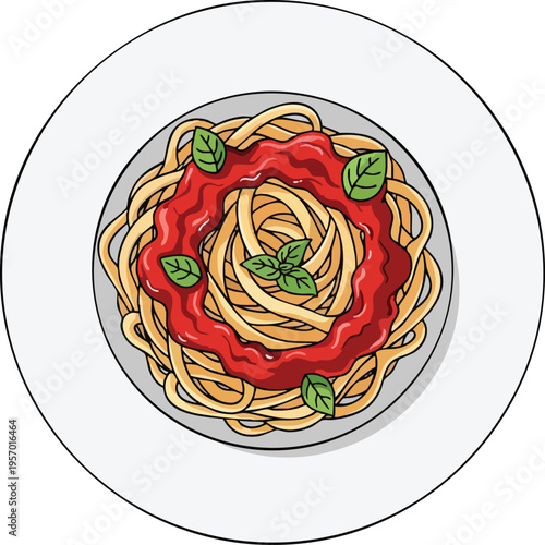 Delicious Spaghetti with Tomato Sauce and Basil Leaves.