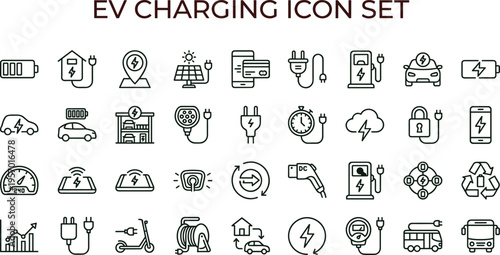 EV charging outline icon set featuring electric vehicle energy station battery power interface symbols for sustainable transportation applications