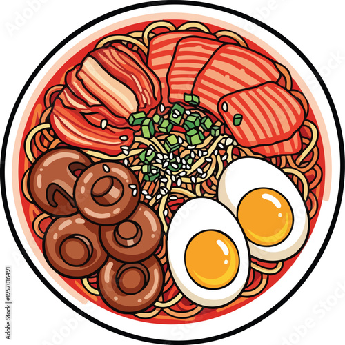 Delicious Ramen Bowl with Pork and Eggs.