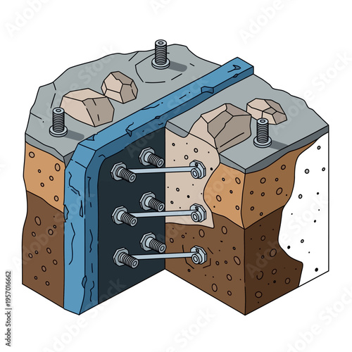 Cutaway view of concrete wall with anchoring system.