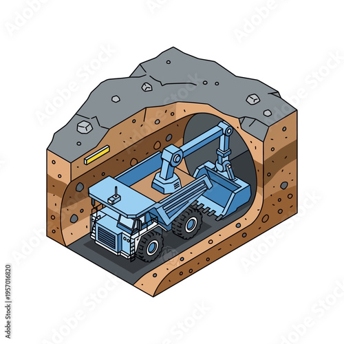 Excavator and Dump Truck Working in Underground Mine Tunnel.