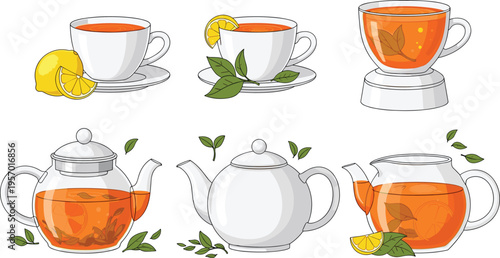 Tea set with cups teapot lemon and leaves hot herbal drink collection detailed beverage vector illustration