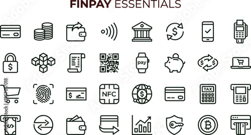 Finpay essentials outline icon set featuring digital payment banking transaction wallet interface symbols for finance applications