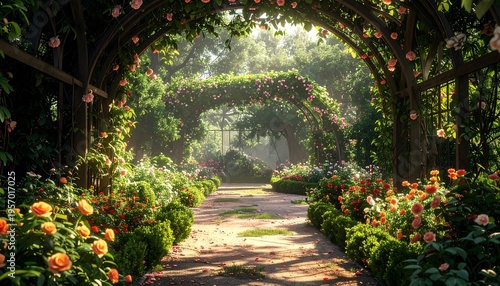 Enchanting Garden Pathway Lined with Blooming Roses and Lush Greenery.
