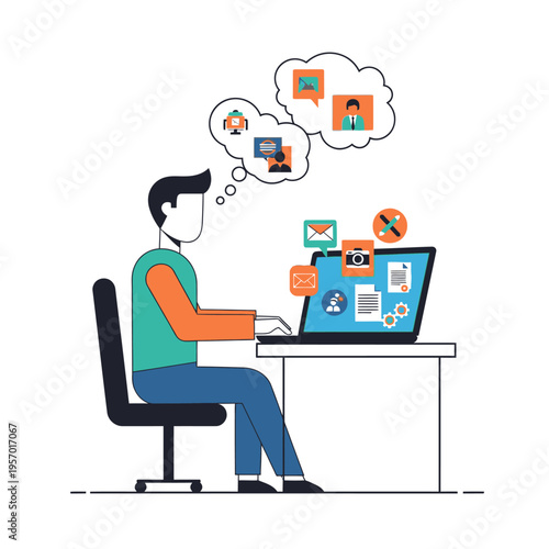 Man working on laptop, digital communication, social media icons, cloud thoughts