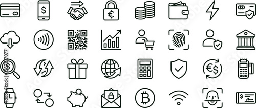 Digital payment outline icon set featuring transaction security wallet banking interface symbols for mobile finance applications