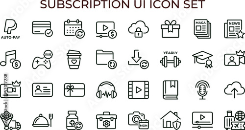 Subscription UI outline icon set featuring autopay media education membership dashboard interface symbols for digital service applications