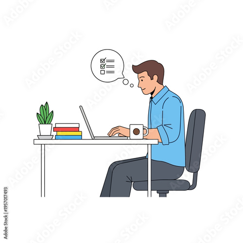 Man working on laptop, planning tasks, productivity, checklist in thought bubble, office desk setup