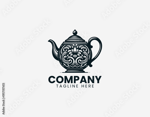 Vintage teapot with floral ornament detail in clean modern black vector logo illustration style