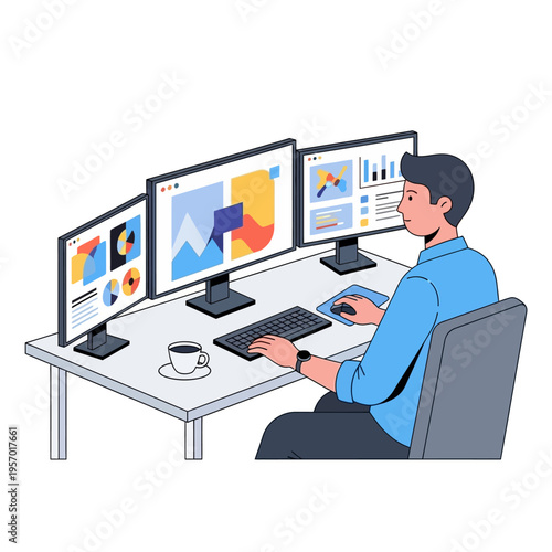 Man working on multiple computer monitors displaying data analysis and charts