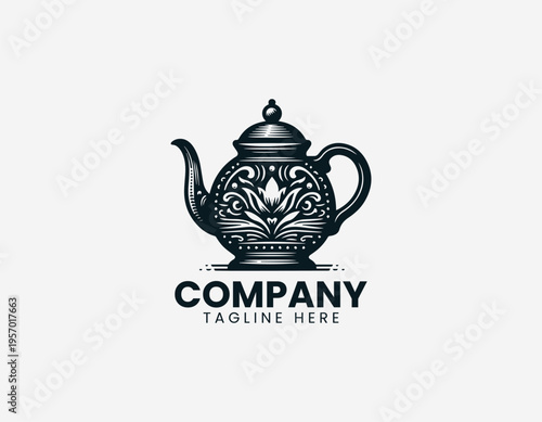 Vintage teapot with floral ornament detail in clean modern black vector logo illustration style