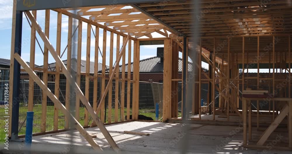 Timber frame of a new residential house under construction in Australia ...