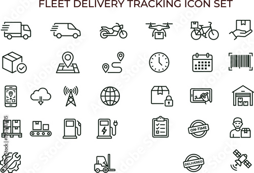Fleet delivery tracking outline icon set featuring logistics transportation route monitoring warehouse interface symbols for supply chain applications