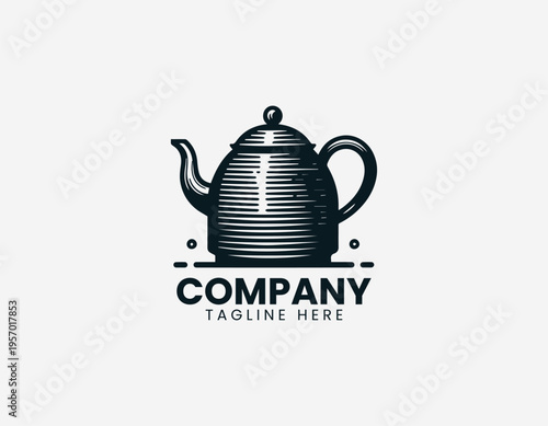 Classic metal teapot with curved spout in clean modern black vector logo illustration style