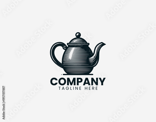 Classic metal teapot with curved spout in clean modern black vector logo illustration style