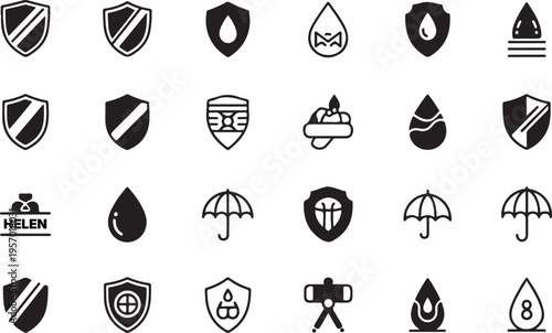 Collection of black and white rain shield and umbrella icons