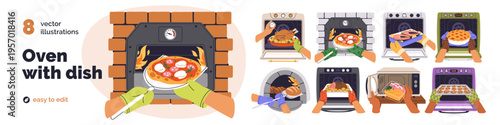 Hands in gloves and dishes in oven, set. Cooking dinner meal, bakery. Homemade food preparation, bread, turkey, cookie and pie, meat and pizza. Flat vector illustrations isolated on white background
