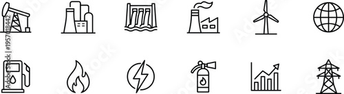 A collection of black line icons representing various energy and industrial concepts on a white background