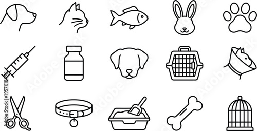 A collection of black and white line drawings of various pet care and animal related icons
