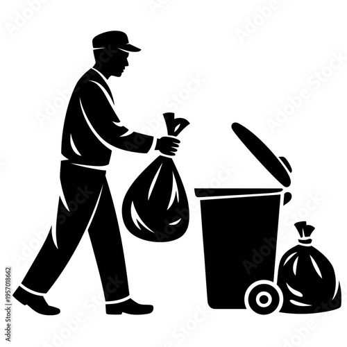 Black and white silhouette of person disposing garbage into bin