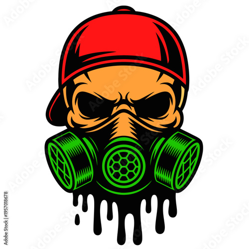 Graffiti-style face with red cap and gas mask