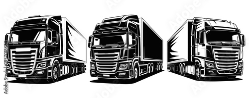 semi-truck illustrations in bold black and white