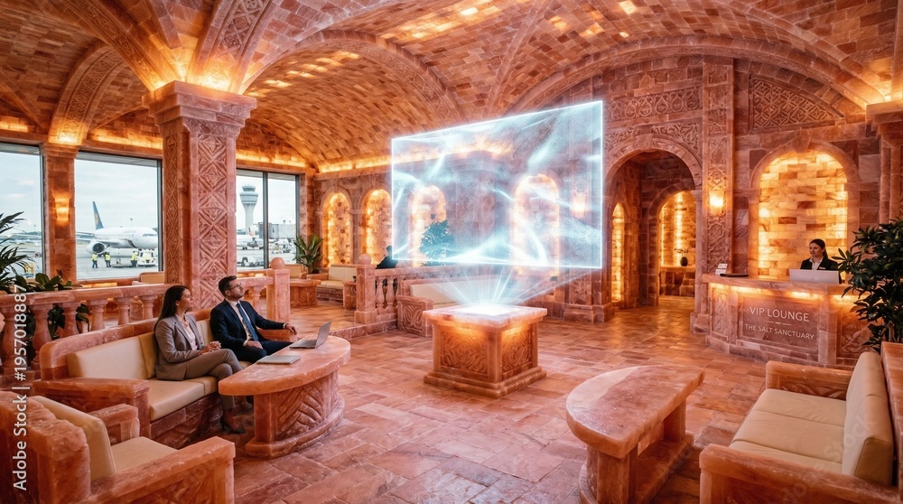 Fototapeta premium Luxurious relaxation room with holographic projection and ambient lighting