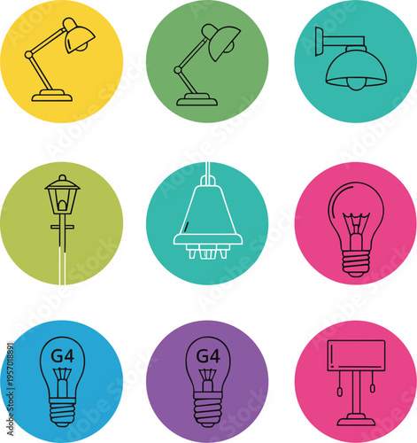 A collection of colorful circular icons featuring various types of lighting fixtures and light bulbs Vector