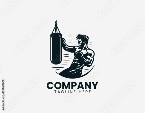 Boxer training with punching bag showing strength fitness and sport action in clean modern minimalist black vector illustration style on white background
