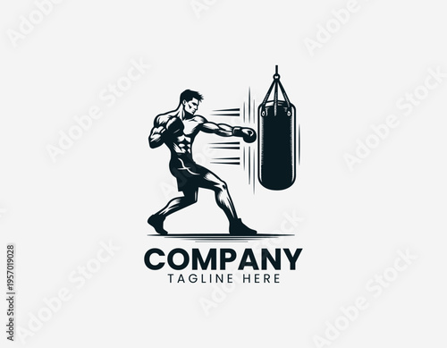 Boxer training with punching bag showing strength fitness and sport action in clean modern minimalist black vector illustration style on white background
