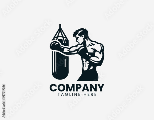 Boxer training with punching bag showing strength fitness and sport action in clean modern minimalist black vector illustration style on white background