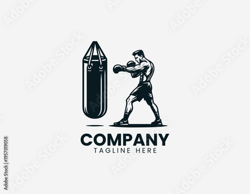 Boxer training with punching bag showing strength fitness and sport action in clean modern minimalist black vector illustration style on white background