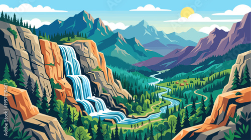 This vibrant, stylized illustration depicts a majestic mountain range with a cascading waterfall, winding river, and a group of hikers enjoying the natural beauty.