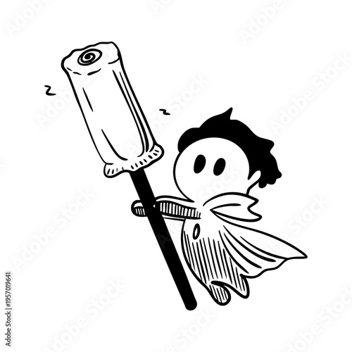 Hand-drawn vector illustration of a superman boy holding a tampon. Feminine hygiene product, line art