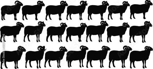 A collection of eighteen black silhouettes of rams and sheep arranged in three neat horizontal rows Vector