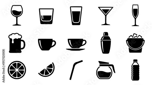 Vector graphic illustration of various drink icons and glasses