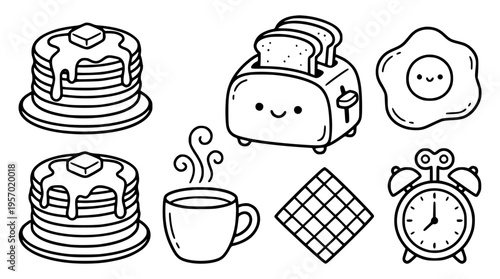 Breakfast items including pancakes and toaster vector illustration