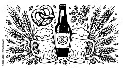 Vector illustration of beer bottle and mugs with pretzel
