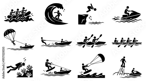 Vector graphic illustration of various water sports activities icons