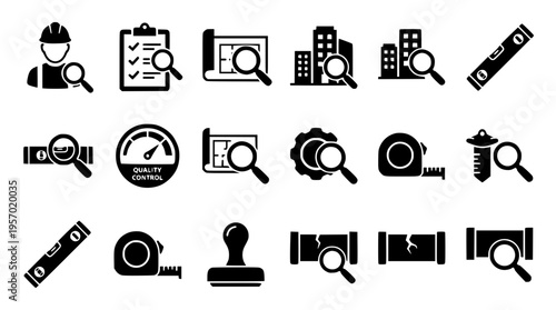 Black and white vector icons for quality control inspection