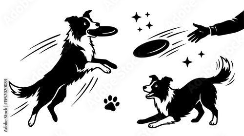 Black and white illustration of dogs playing with frisbee