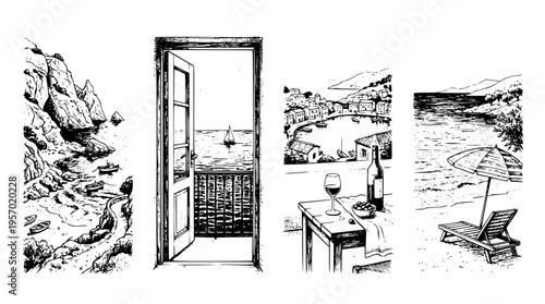 Serene coastal scenes with wine and beach relaxation vector graphics