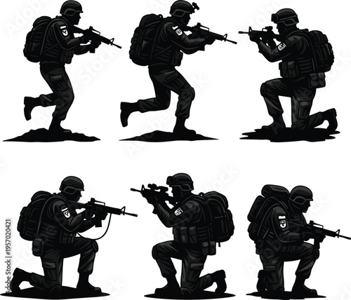 A collection of tactical soldier silhouettes in various combat poses on a white background design Vector